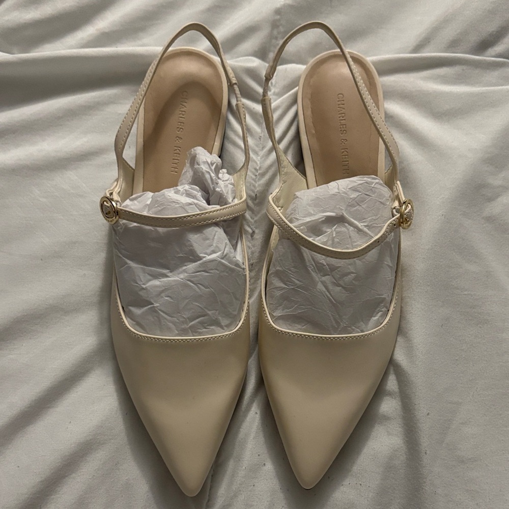 Charles & Keith Cream Pointed Slingback Flats with Gold Buckle